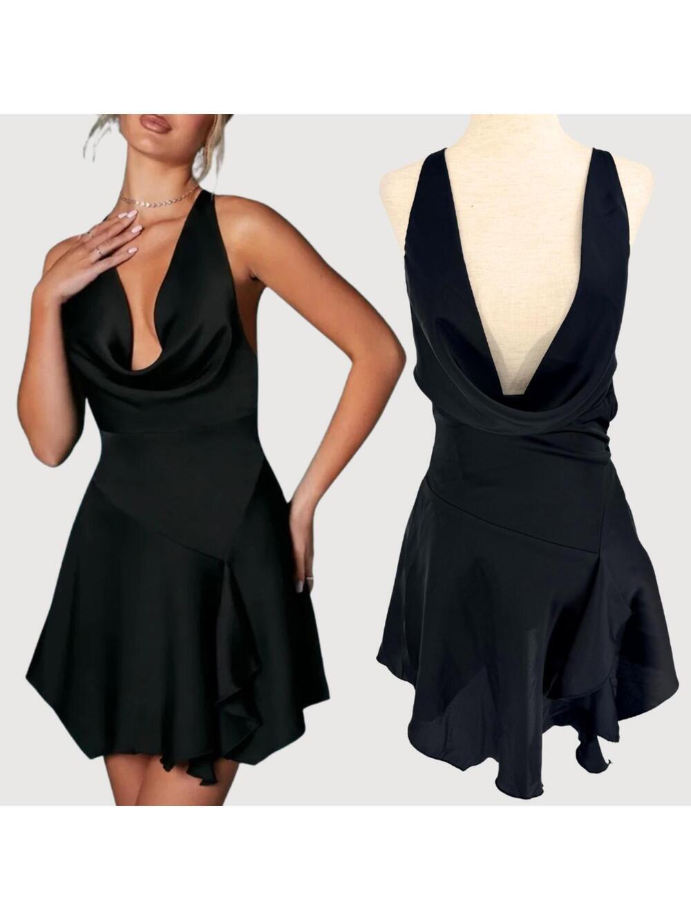 Oh Polly Satin Cowl Neck Open Back Mini Dress Black 0